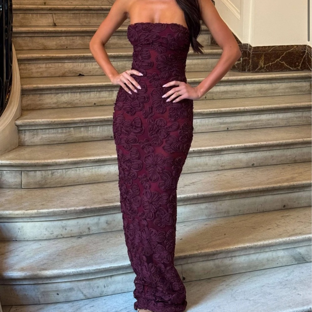 Strapless Burgundy Floral Dress